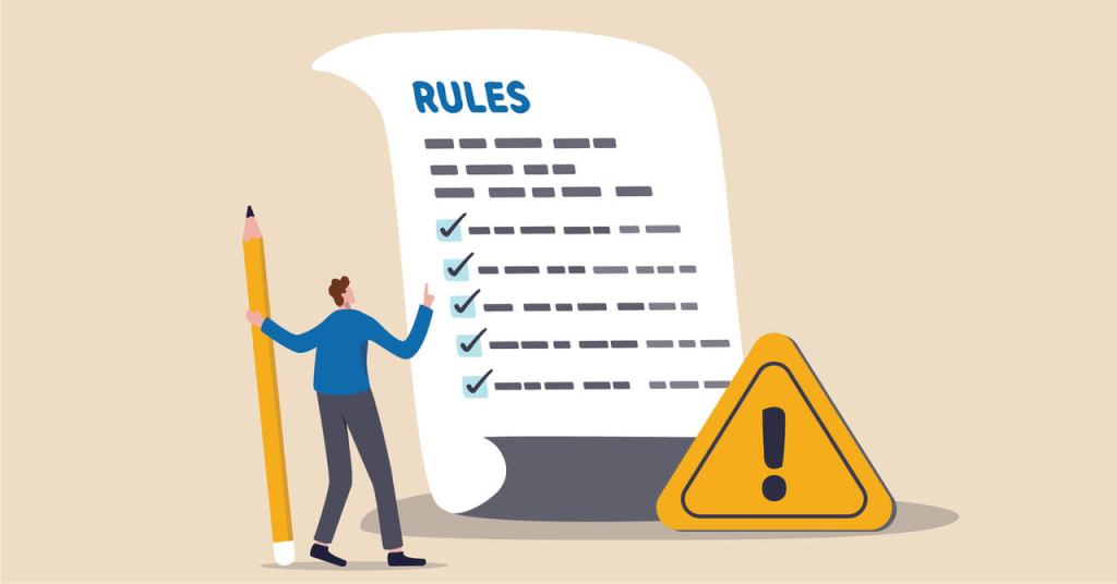 An illustration depicting a person next to a large document labeled 'RULES' with checkmarks, and a yellow caution sign in the foreground.
